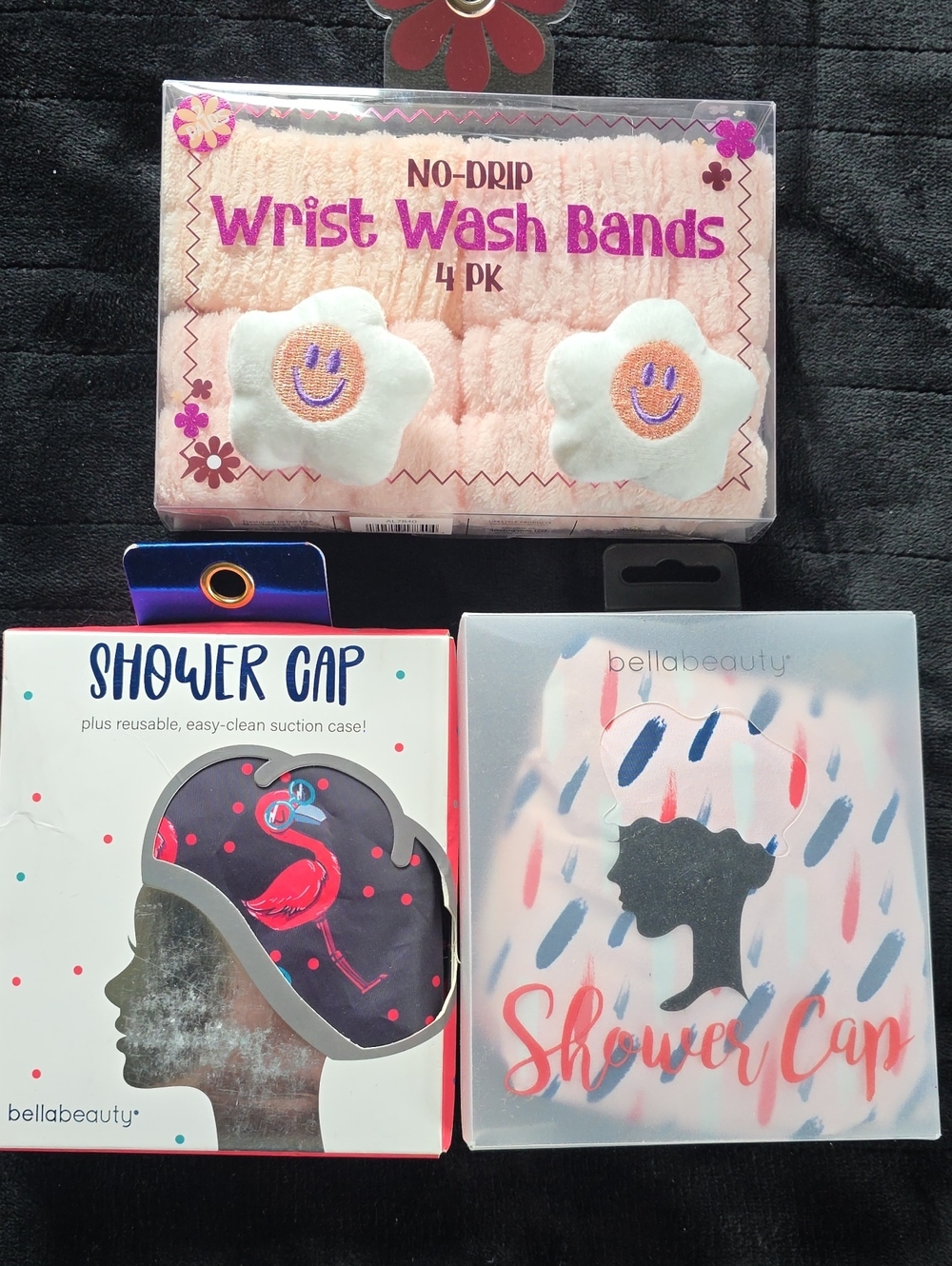 Bundle Of 3 Beauty Products ~ 2 Shower Caps And 4 Piece Wrist Wash Band Set